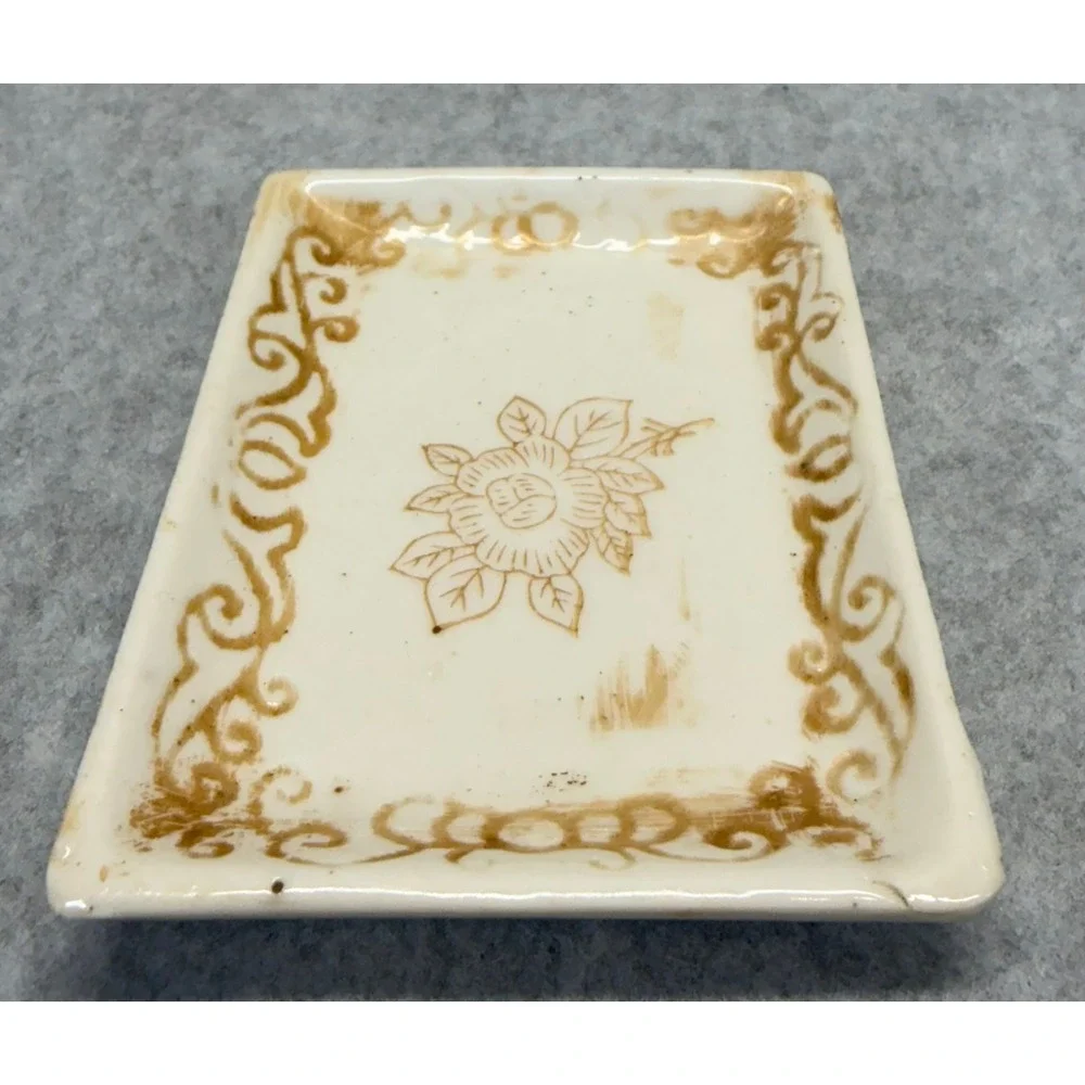 Vintage Made in Japan Ceramic Trinket Dish Brown Rose Floral Jewelry Tray Cream
